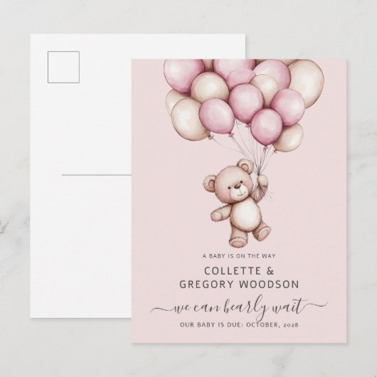 Bear Baby Girl Pink Budget Pregnancy Reveal Aankondigingskaart (Voorkant / Achterkant)