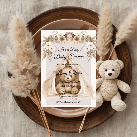  Bear Baby Shower Boy invitation Kaart