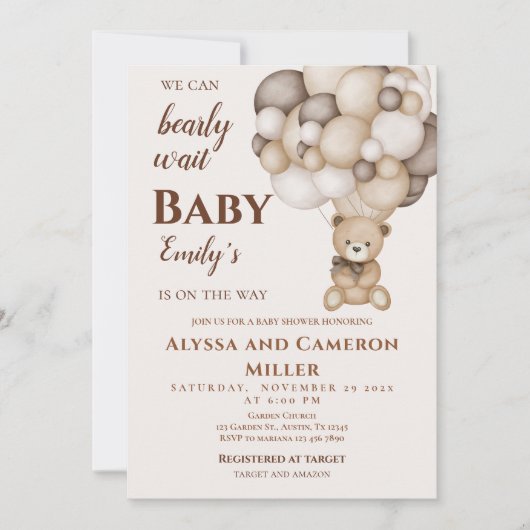 Bear Baby Shower Girl Invitation Kaart (Voorkant)