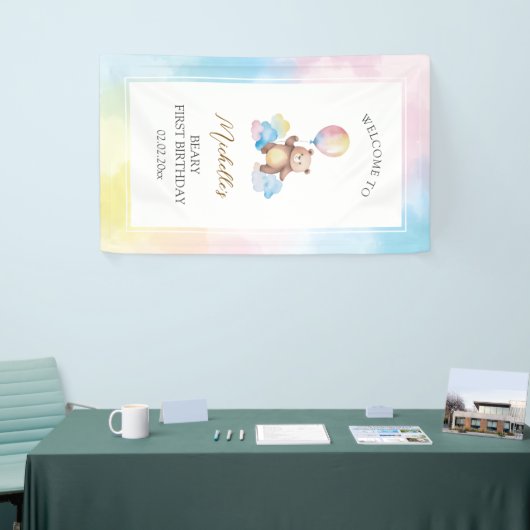 Bear Balloon Clouds Beary First Birthday Welcome Spandoek (Beurs)