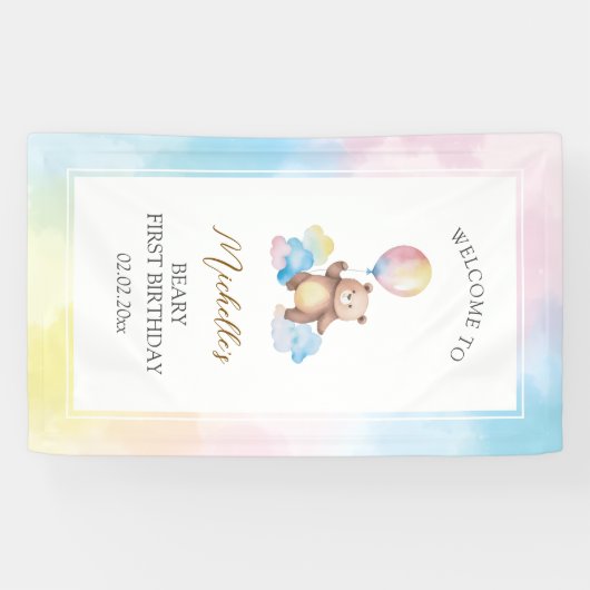 Bear Balloon Clouds Beary First Birthday Welcome Spandoek (Horizontaal)