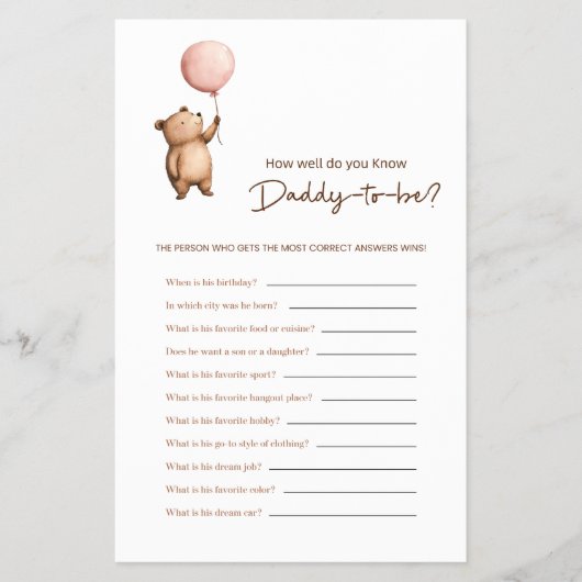 Bear Balloon Daddy Trivia Baby Shower Game Flyer (Voorkant)