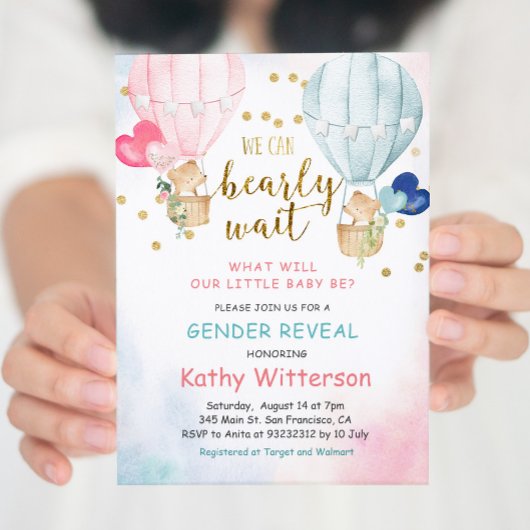 Bear Balloon Gender Reveal Baby Shower Invitation Kaart