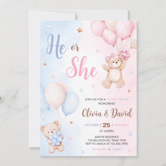 Bear Balloon Gender Reveal  Kaart (Voorkant)