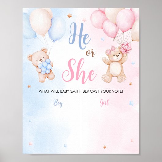 Bear Balloon Gender Reveal Sign Poster (Voorkant)