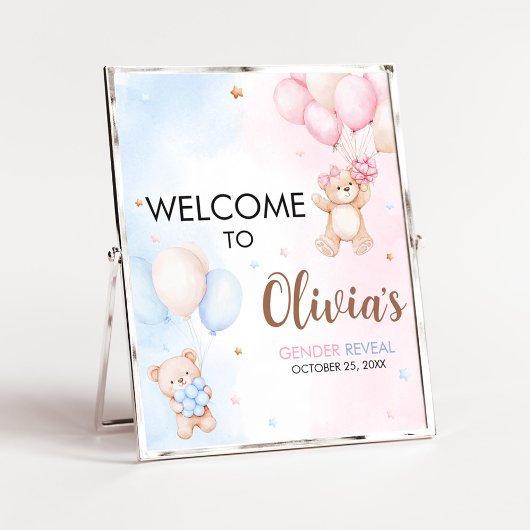 Bear Balloon Gender Reveal Welcome Sign Poster
