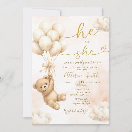 Bear Balloon He or She Gender Reveal Invitation Kaart (Voorkant)