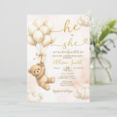 Bear Balloon He or She Gender Reveal Invitation Kaart (Staand voorkant)