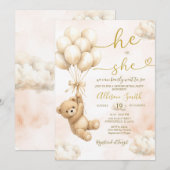 Bear Balloon He or She Gender Reveal Invitation Kaart (Voorkant / Achterkant)