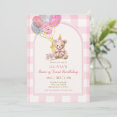 Bear Balloon Pink Gingham Beary First Birthday Kaart (Staand voorkant)