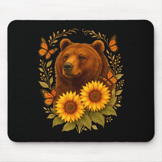 Bear Butterfly Nature Rustic Sunflower Monarch Art Muismat (Voorkant)