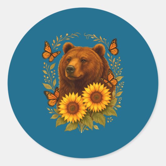 Bear Butterfly Nature Rustic Sunflower Monarch Art Ronde Sticker (Voorkant)