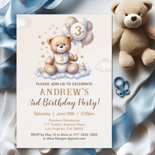 Bear Cute 3rd Birthday Party – Brown Teddy Bear Kaart
