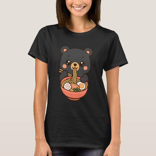 Bear Eating Ramen Noodles Kawaii Cute Funny T-shirt (Voorkant)