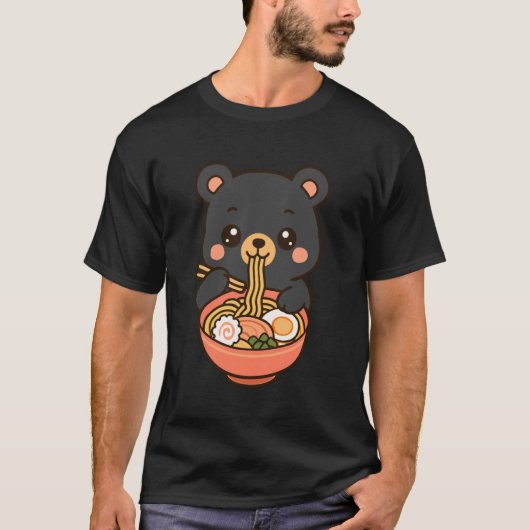 Bear Eating Ramen Noodles Kawaii Cute Funny T-shirt (Voorkant)