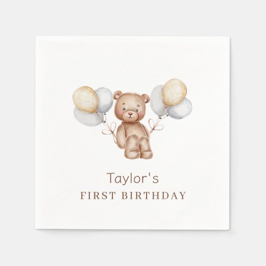 Bear First Birthday Forest Animals Paper Servet (Voorkant)