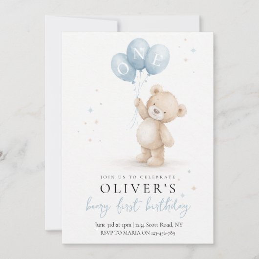 Bear First Birthday Invitation Kaart (Voorkant)