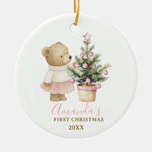 Bear First Christmas Keepsake for Baby Girl Keramisch Ornament (Voorkant)