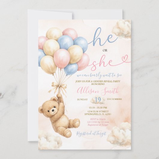Bear Gender Reveal Pink and Blue Balloon Kaart (Voorkant)