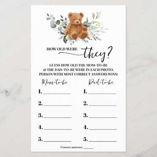 Bear Greenery How old were They Shower Game Card Flyer (Voorkant)