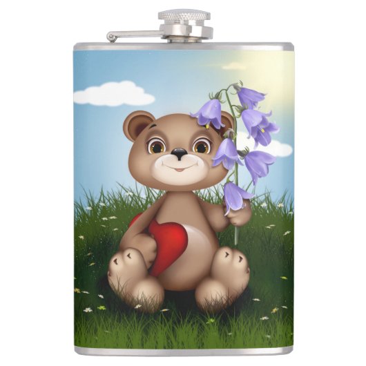 Bear Holding Bouquet Flower-30926 Heupfles (Voorkant)