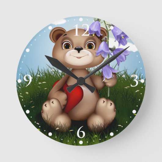 Bear Holding Bouquet Flower-30926 Ronde Klok (Voorkant)