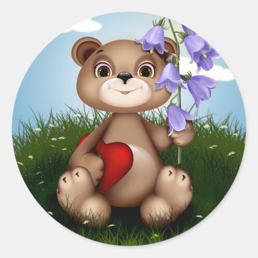 Bear Holding Bouquet Flower-30926 Ronde Sticker (Voorkant)