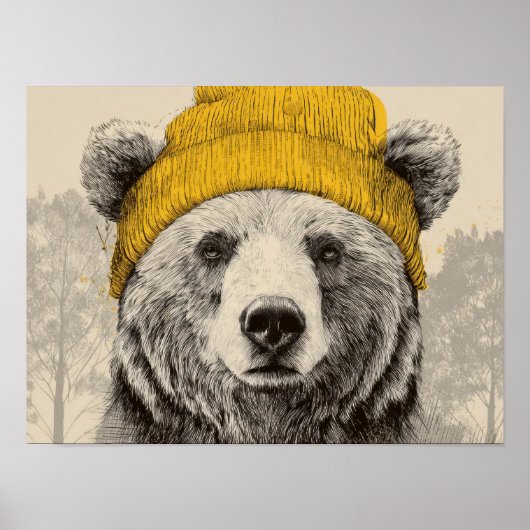 Bear in Yellow Beanie Rustic Woodland Animal  Poster (Voorkant)