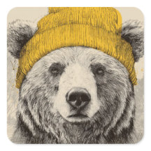 Bear in Yellow Beanie Rustic Woodland Animal