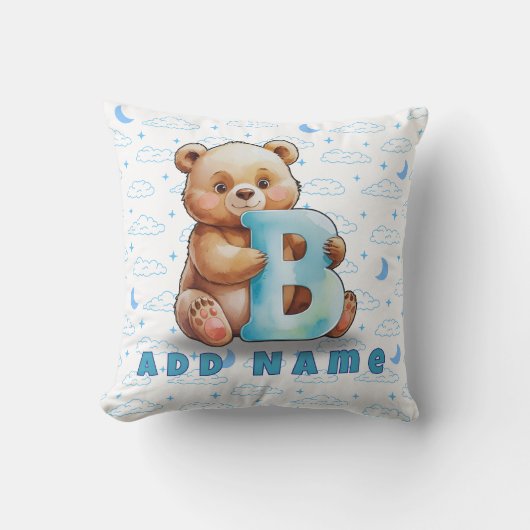 Bear & Letter B – Blue Clouds Baby Pillow Kussen (Voorkant)