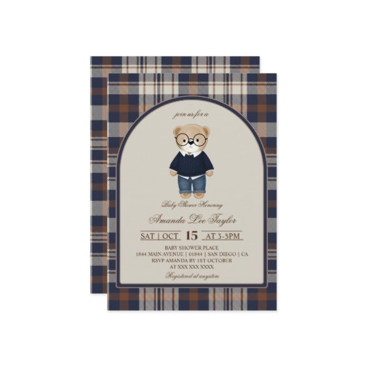 Bear Luxury Plaid Boy Baby Shower Kaart (Voorkant / Achterkant in situ)