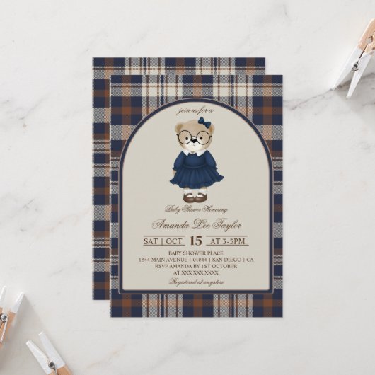 Bear Luxury Plaid Girl Baby Shower Kaart (Voorkant / Achterkant in situ)