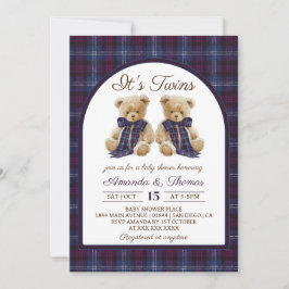 Bear Luxury Tartan Twins Baby Shower Kaart