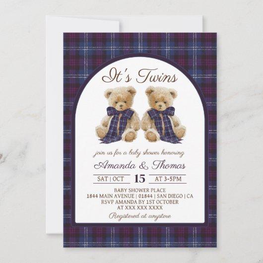 Bear Luxury Tartan Twins Baby Shower Kaart (Voorkant)