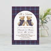 Bear Luxury Tartan Twins Baby Shower Kaart (Staand voorkant)