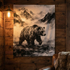 Bear Mountain | Zwarte en Witte Wilde Natuur Kunst Wandkleed