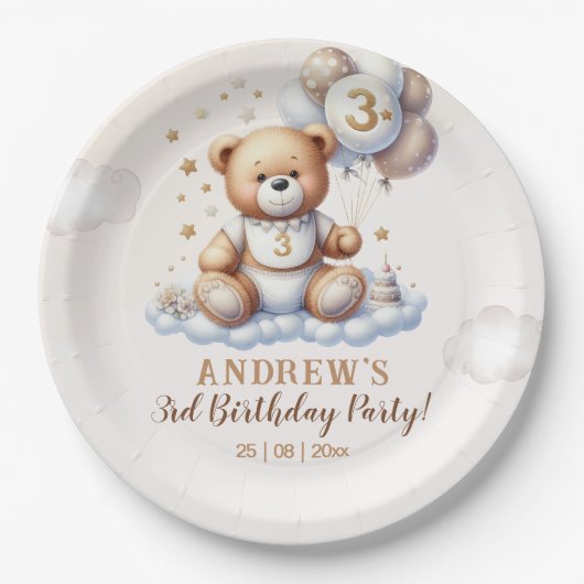 Bear on a Cloud – 3rd Birthday Party Papieren Bordje (Voorkant)