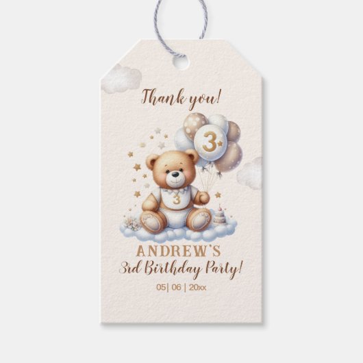Bear on a Cloud – 3rd Birthday Party Supplies Cadeaulabel (Voorkant)