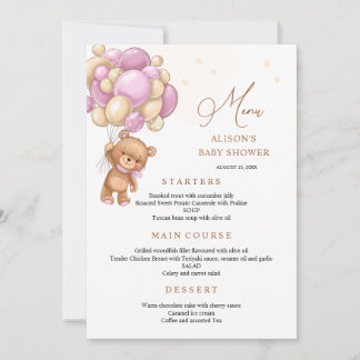 Bear Pink Balloons Baby Shower Menu Kaart