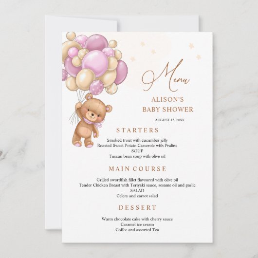 Bear Pink Balloons Baby Shower Menu Kaart (Voorkant)