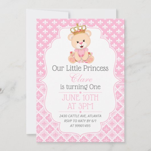 Bear Princess First Birthday Invitation Kaart (Voorkant)