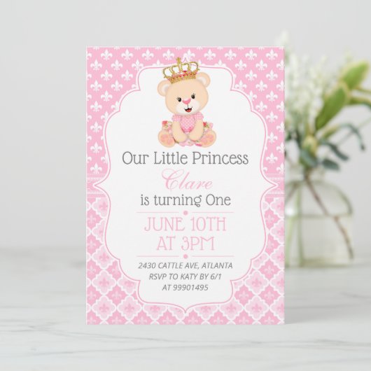 Bear Princess First Birthday Invitation Kaart (Staand voorkant)