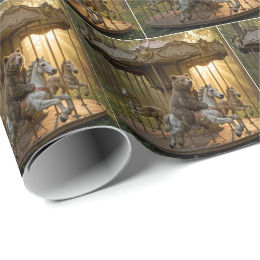 Bear Riding a Carousel Horse in a Forest Cadeaupapier (Rol Hoek)