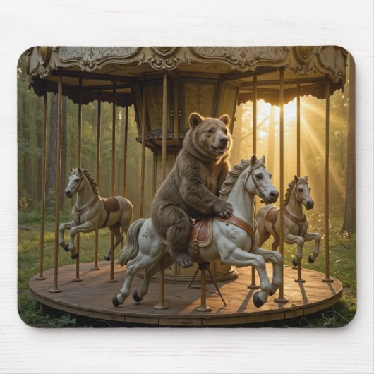 Bear Riding a Carousel Horse in a Forest Muismat (Voorkant)