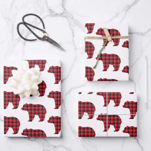 Bear Shaped Plaid Red Black Buffalo Inpakpapier Vel (Voorkant)