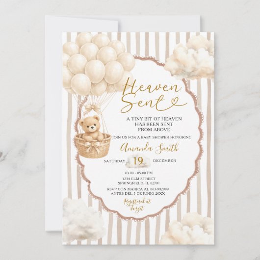 Bear Stripe Beige Balloon Heaven Sent Baby Shower  Kaart (Voorkant)