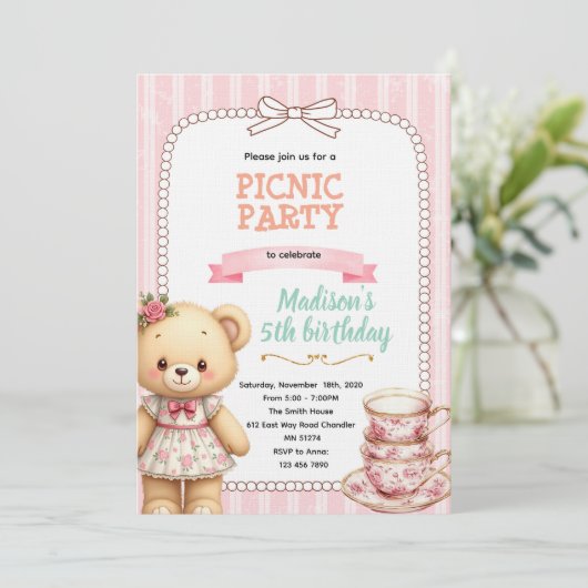 Bear tea party invitation kaart (Staand voorkant)