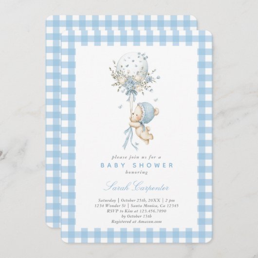 Bear with Balloon Baby Shower Boy Kaart (Voorkant / Achterkant)