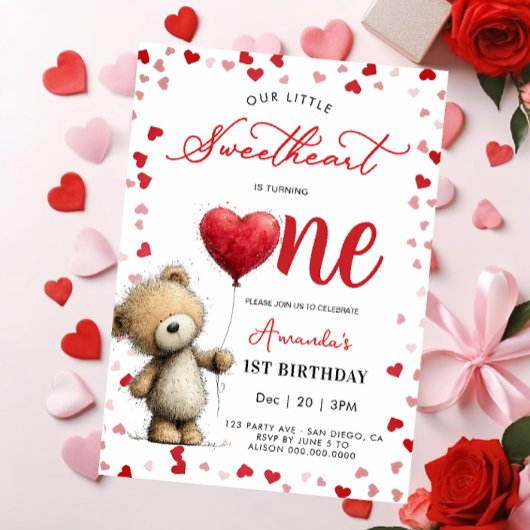 Bear with balloon Valentines 1st girl Birthday Kaart