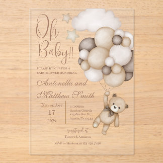 bear with balloons baby shower acryl uitnodigingen